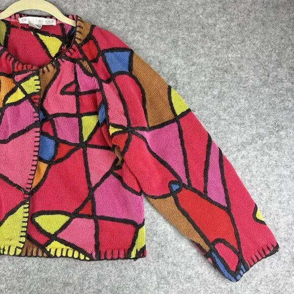 Vintage Cardigan Sweater Womens Small Petite Multicolor Long Sleeve Stain Glass* - Picture 6 of 16